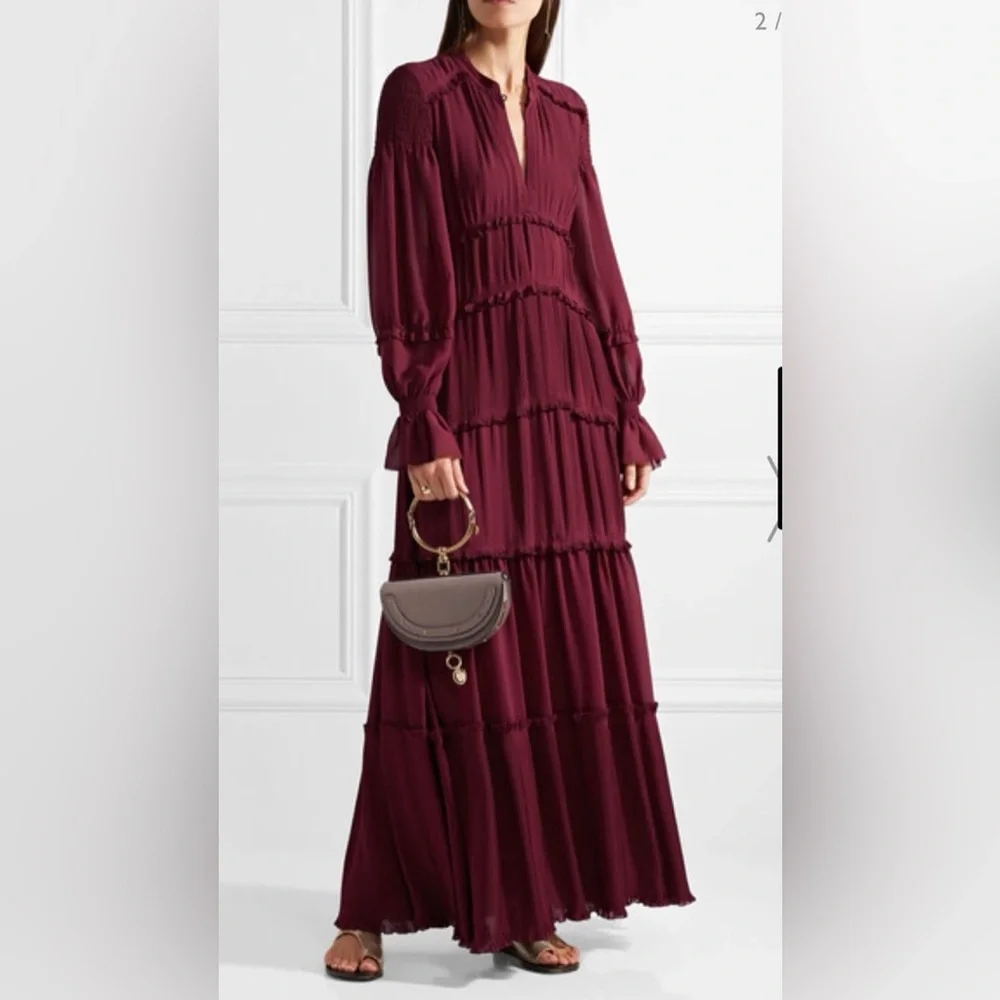 NWT $798 Tory Burch Stella Gown Red Burgundy Boho Pleated Chiffon Maxi Dress